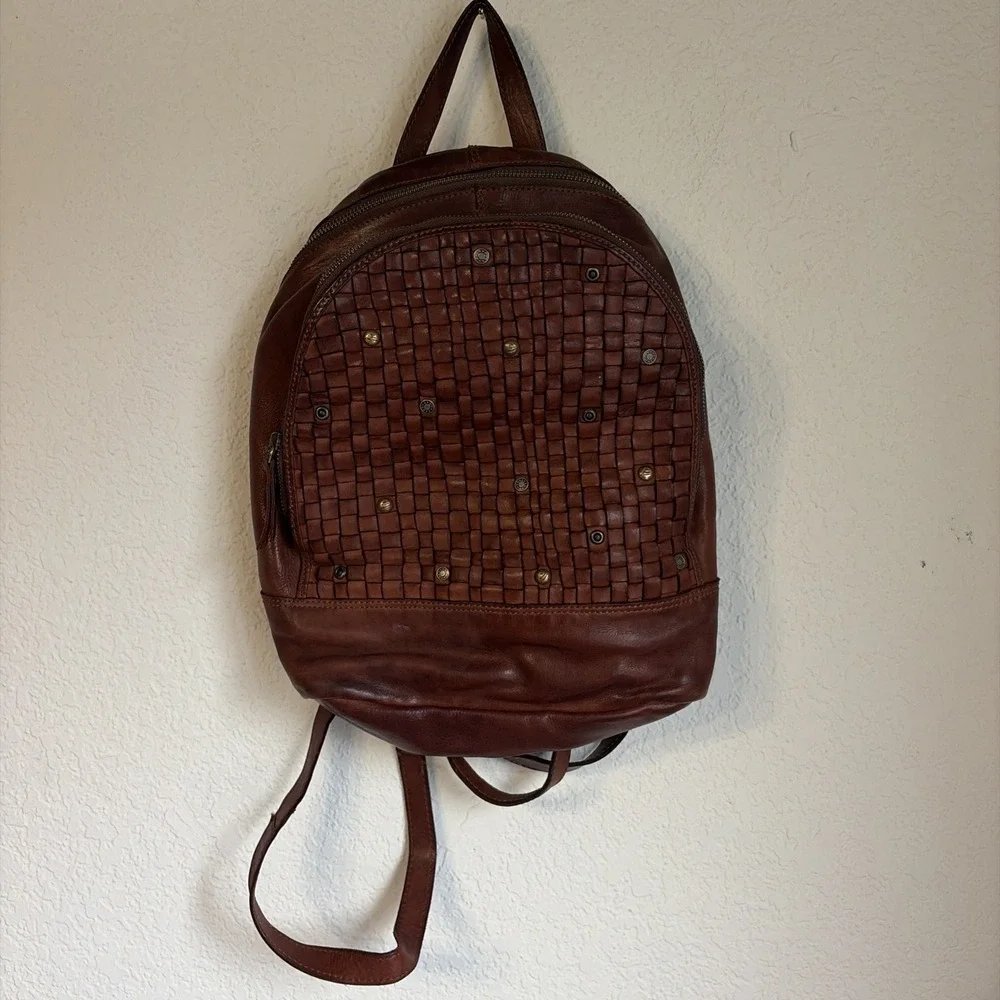 Vintage Brown Patina Woven Leather Backpack Rucksack Harbor 2nd Zips Shut